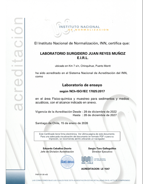 Certificado en el área Fisico-Quimica y muestreo de sedimentos